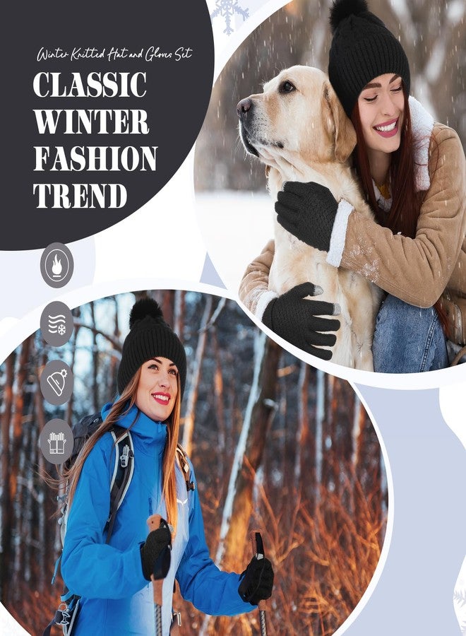 ShinyMatch Womens Winter Fleece Lined Knitted Beanie Hat Glove Set, Warm Pom Pom Beanie Knit Cap Touchscreen Gloves for Women(Black) - Image 3
